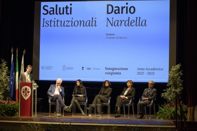 Inaugurazione congiunta dell’a.a. 2022/2023 - 09/01/2023 &lt;br&gt; Da sinistra: Dario Nardella, Eugenio Giani, Erika Pontini, Anna Maria Bernini, Rosa Maria Di Giorgi e Claudio Sisi. Foto: Antonio Viscido