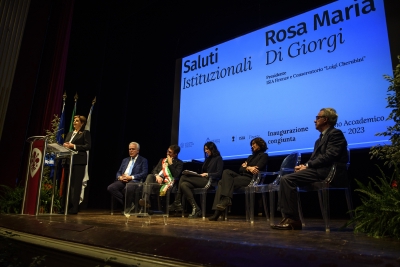 Inaugurazione congiunta dell’a.a. 2022/2023 - 09/01/2023 <br> Da sinistra: Rosa Maria Di Giorgi, Eugenio Giani, Dario Nardella, Erika Pontini, Anna Maria Bernini e Claudio Sisi. Foto: Antonio Viscido