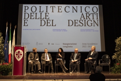 Inaugurazione congiunta dell’a.a. 2022/2023 - 09/01/2023 &lt;br&gt;Da sinistra: Raffaele Marra, Rappresentante della Consulta degli studenti del Conservatorio “Luigi Cherubini”, dell’Accademia di Belle Arti e di ISIA Firenze, Francesco Fumelli, Erika Pontini, Giovanni Pucciarmati e Claudio Rocca. Foto: Renato Esposito